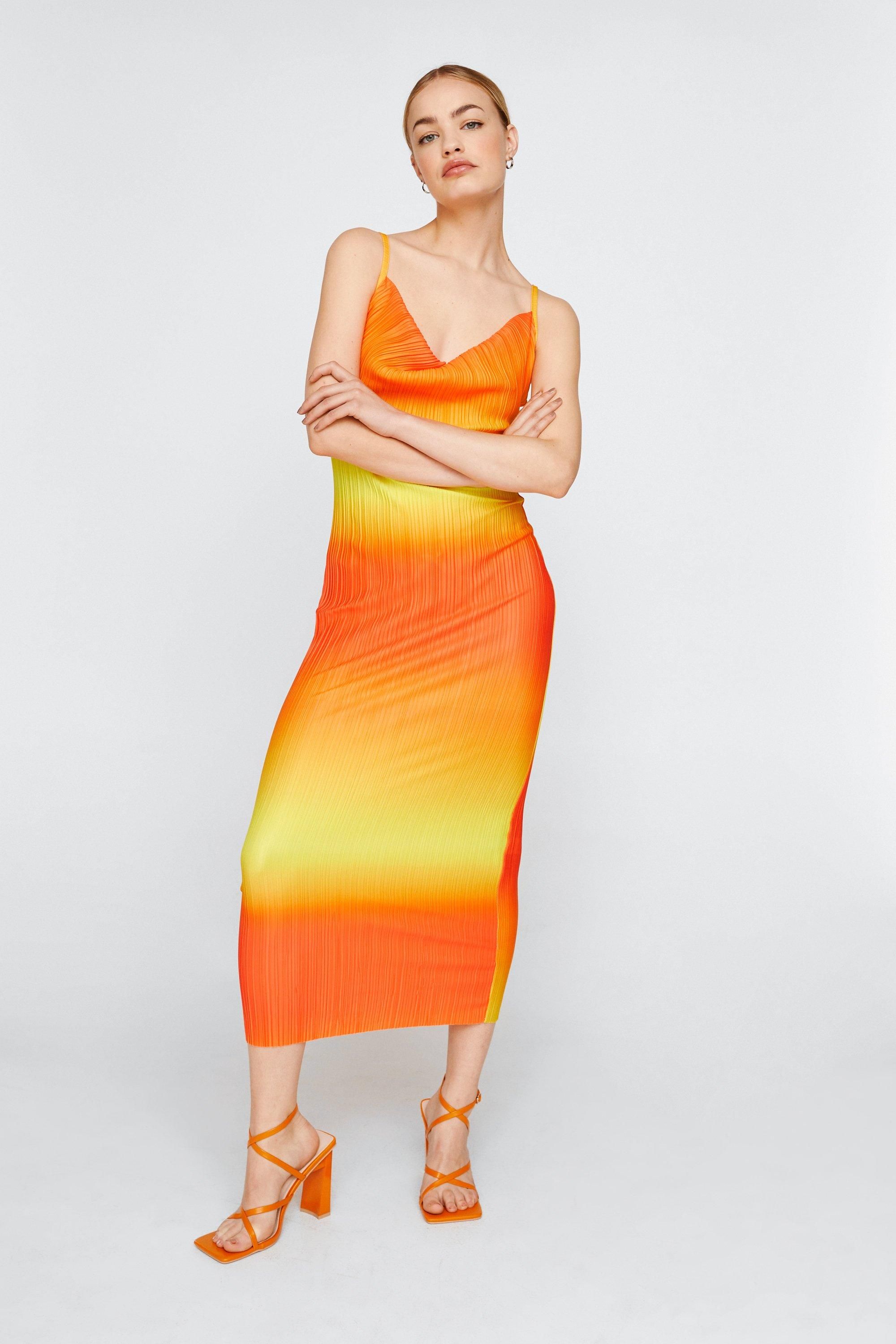 Womens Ombre Plisse Cowl Neck Midi Dress - Orange - 8 | Nasty Gal (US)