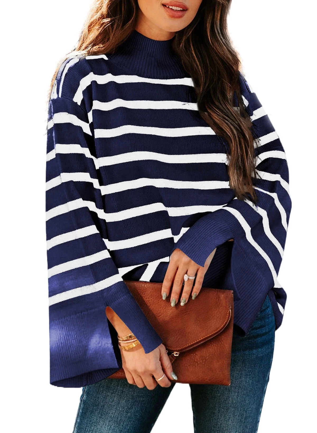 DOKOTOO Pullover Sweaters Women Long Sleeve Fall Sweaters Mock Neck Striped Ribbed Pullover Tops ... | Walmart (US)