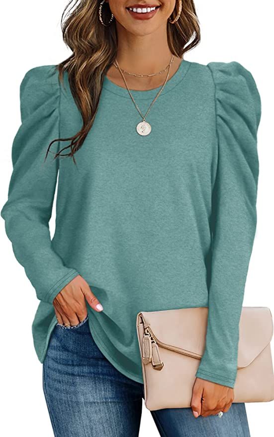 OFEEFAN Womens Tunic Tops Puff Sleeve Crew Neck Long Sleeve Shirts Solid Color | Amazon (US)