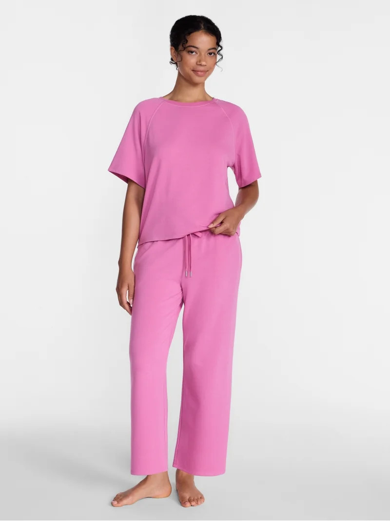 Joyspun Women's French Terry Lounge Sleep Short Sleeve Top and Capri Pants Set, 2 Piece, Sizes XS... | Walmart (US)