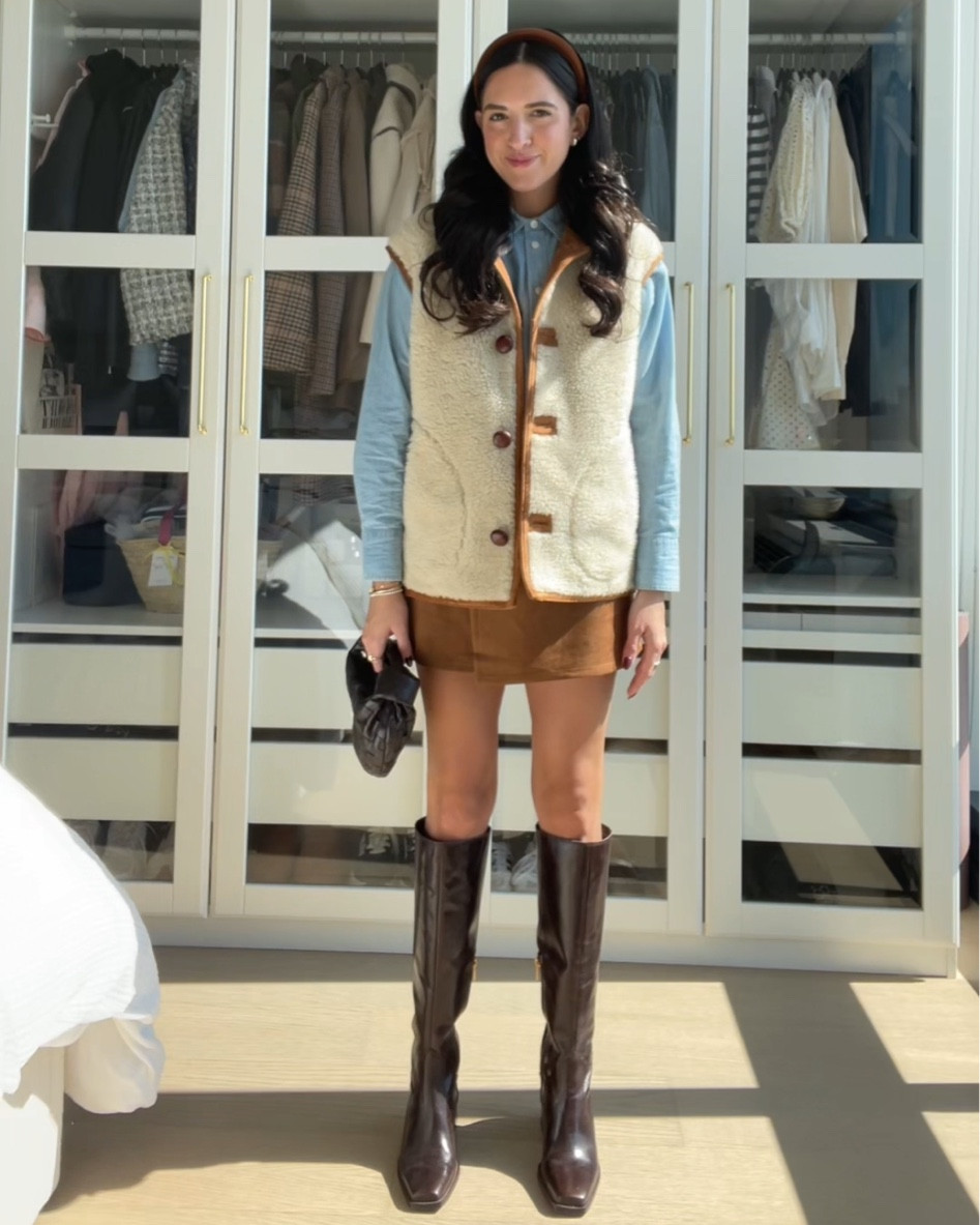Small vest 
XSmall skirt 

Fall outfits, sherpa, vest, knee high boots, 
