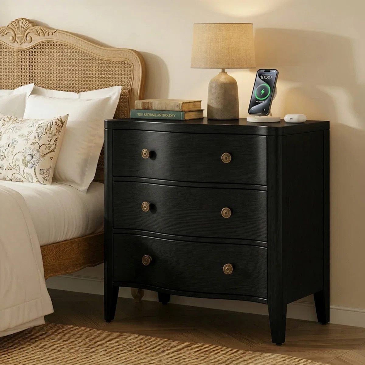 Andrile 27'' W Transitional 3-Drawer Curved End Table with Charging Station and Solid Wood Legs | Wayfair North America