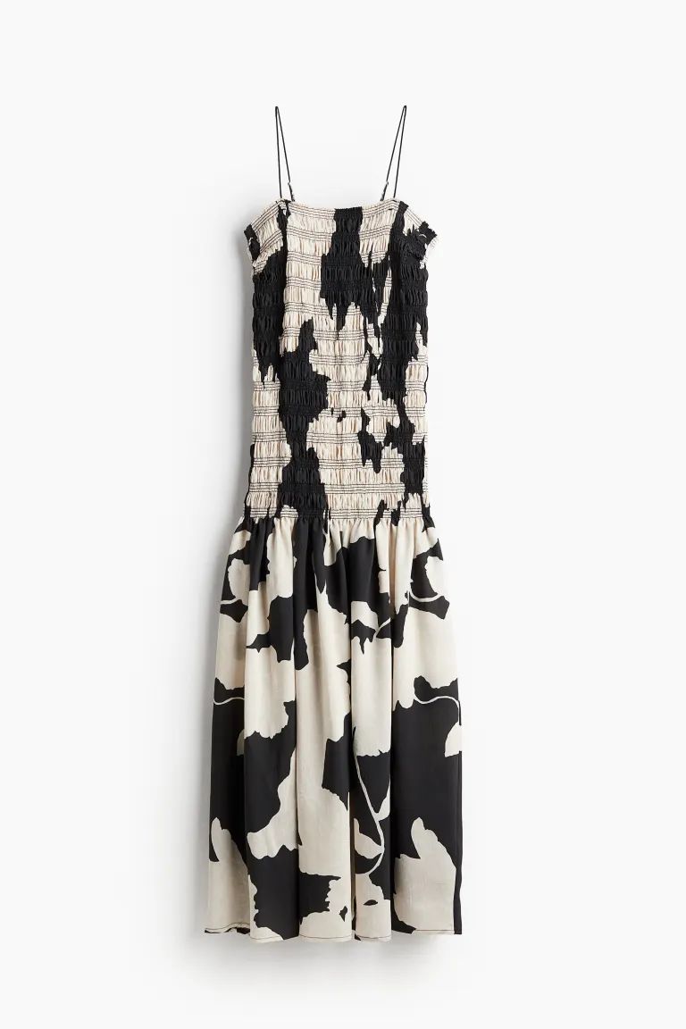 Smocked Maxi Dress - Square Neckline - Sleeveless - Black/floral - Ladies | H&M US | H&M (US + CA)