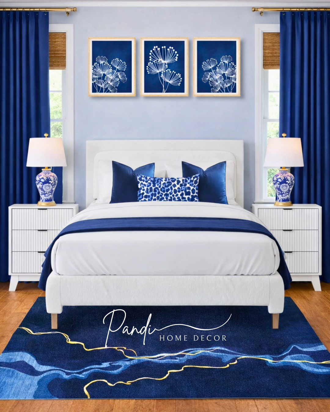 Crisp blue and white creates a fresh, elegant bedroom that feels timeless and calm 💙 Clean lines, classic lamps, and bold navy accents make the space look polished and inviting.
#BlueBedroom #NavyBedroom #BedroomDecor #AccentPillows #AreaRug #TableLamp #WallArt #BedroomInspo #HomeDecor 

 #LTKHome