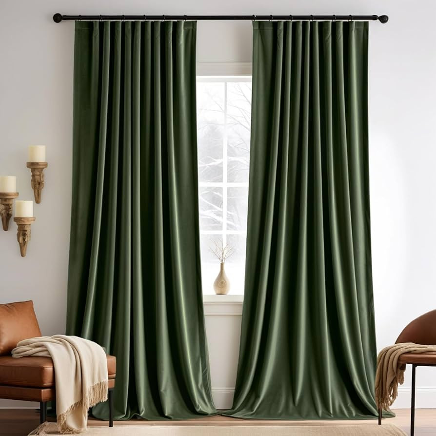 MIULEE Olive Green Velvet Curtains 96 inches 2 Panels - Pinch Pleated Luxury Room Darkening Black... | Amazon (US)