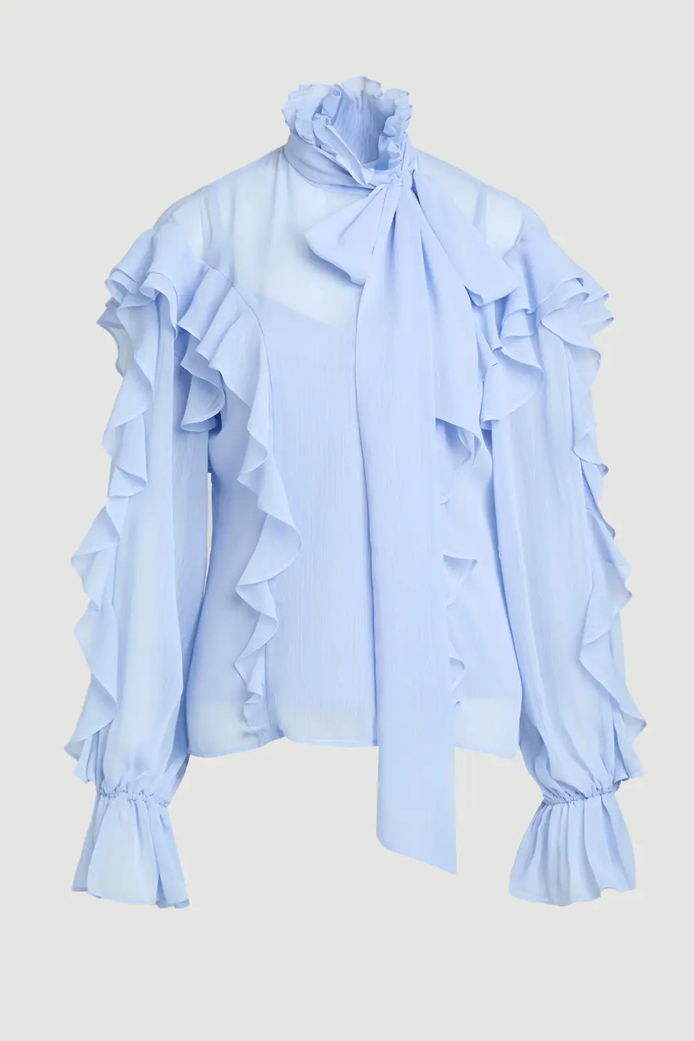 Light Blue Ruffle Front Crinkle Georgette Pussy Bow Blouse | Karen Millen | Karen Millen