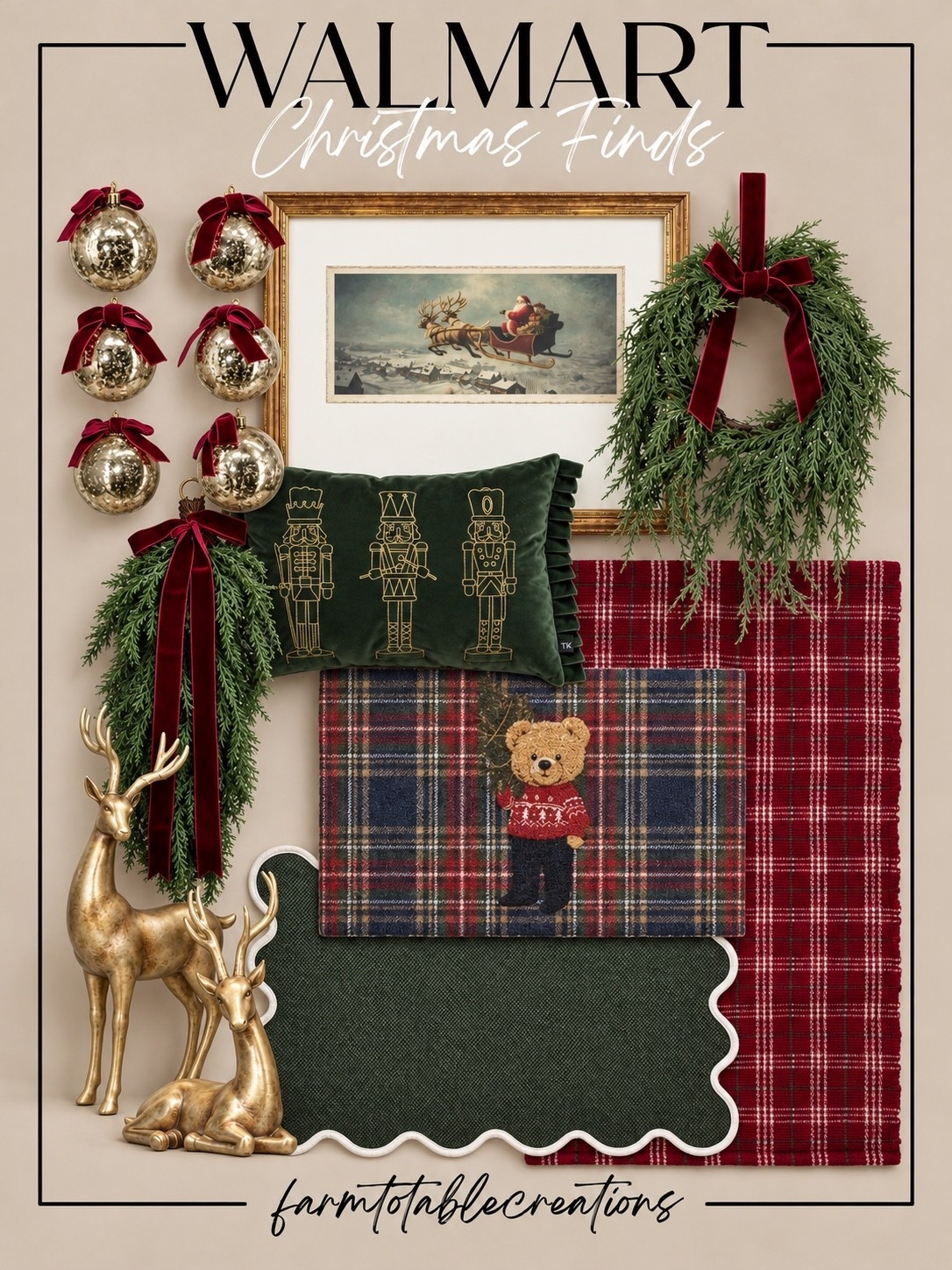 Walmart Classic Christmas Finds 🎄❤️

These Walmart Christmas finds have such a timeless, collected holiday feel. The deep red plaid, evergreen accents, velvet bows, gold reindeer, vintage-style ornaments, and nostalgic Santa artwork all work together beautifully for a warm traditional Christmas look.

I love these pieces for styling a mantel, console table, entryway, or cozy living room. The mix of rich green, burgundy, brass, and plaid gives everything that classic Christmas charm without feeling overly themed.

Follow @farmtotablecreations on Instagram for more cozy home finds and trending decor.

#LTKHome #WalmartFinds #WalmartHome #WalmartChristmas #ChristmasDecor #HolidayDecor #TraditionalChristmas #ClassicChristmas #VintageChristmas #ChristmasPillows #ChristmasWreath #ChristmasOrnaments #CozyChristmas #HolidayHome #ChristmasInspo

#LTKSeasonal #LTKHome #LTKSaleAlert