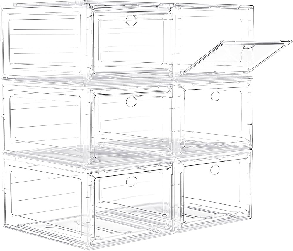 Upgrade Harder Solid Plastic Shoe Organizer with Magnetic Front Door, 6 Pack Shoe Boxes Clear Sta... | Amazon (US)