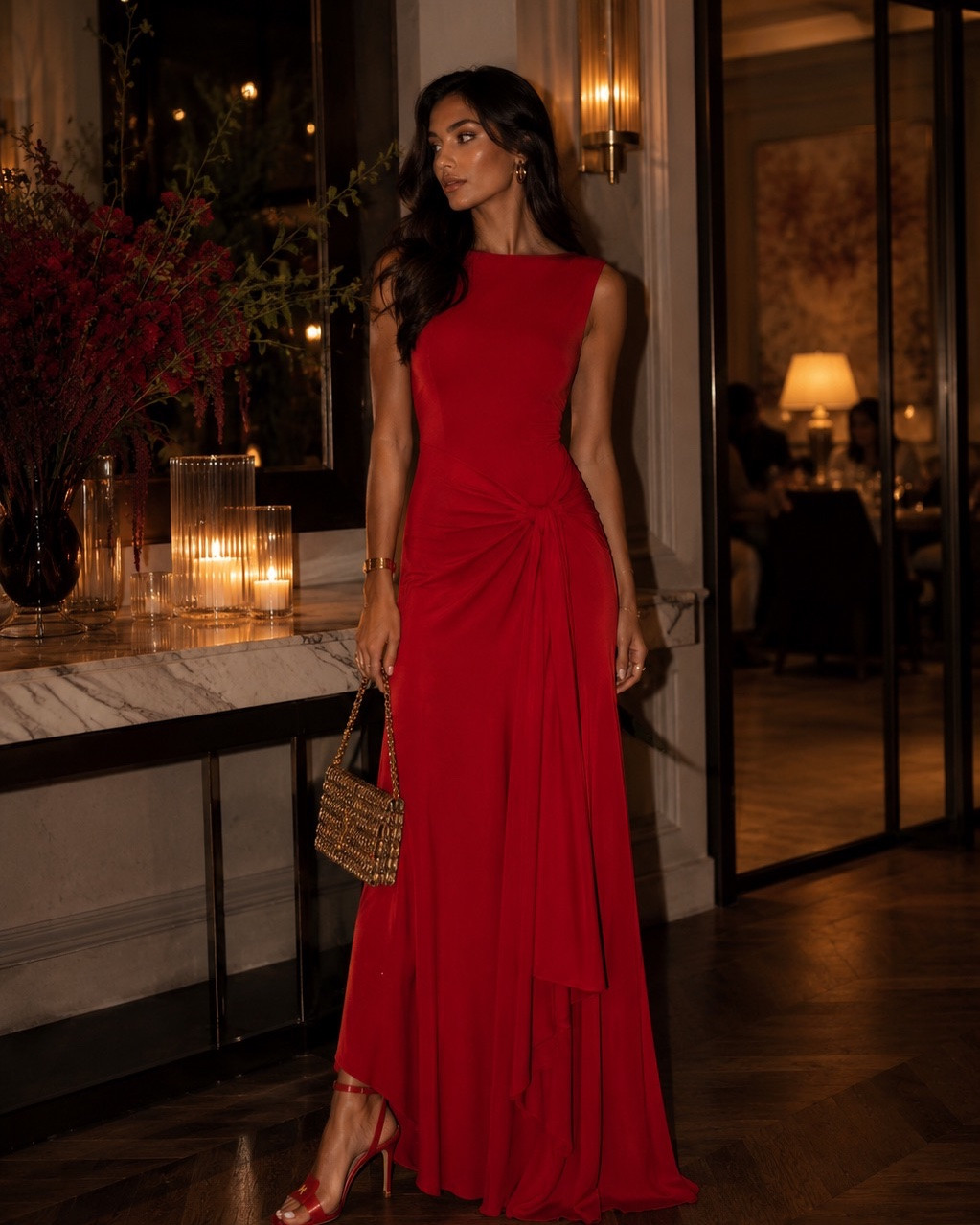 If you want to make an entrance, this is the dress. The bold red, elegant silhouette and gold accessories create the perfect special occasion outfit.

#LTKsummer #LTKpartywear #LTKdresses