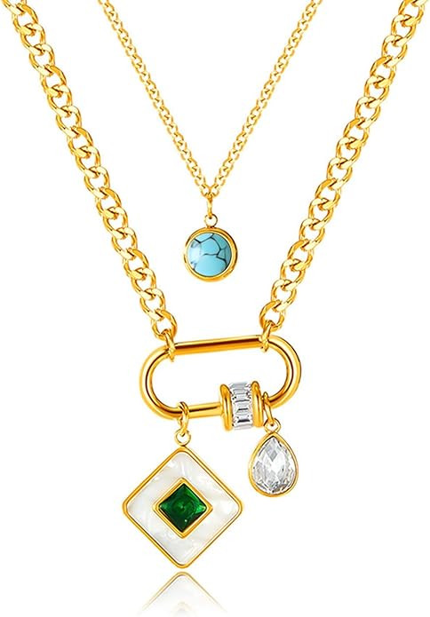 Gold-Plated Square Pendant Necklace for Women Double Layers Necklace Stainless Steel Delicate Fas... | Amazon (US)