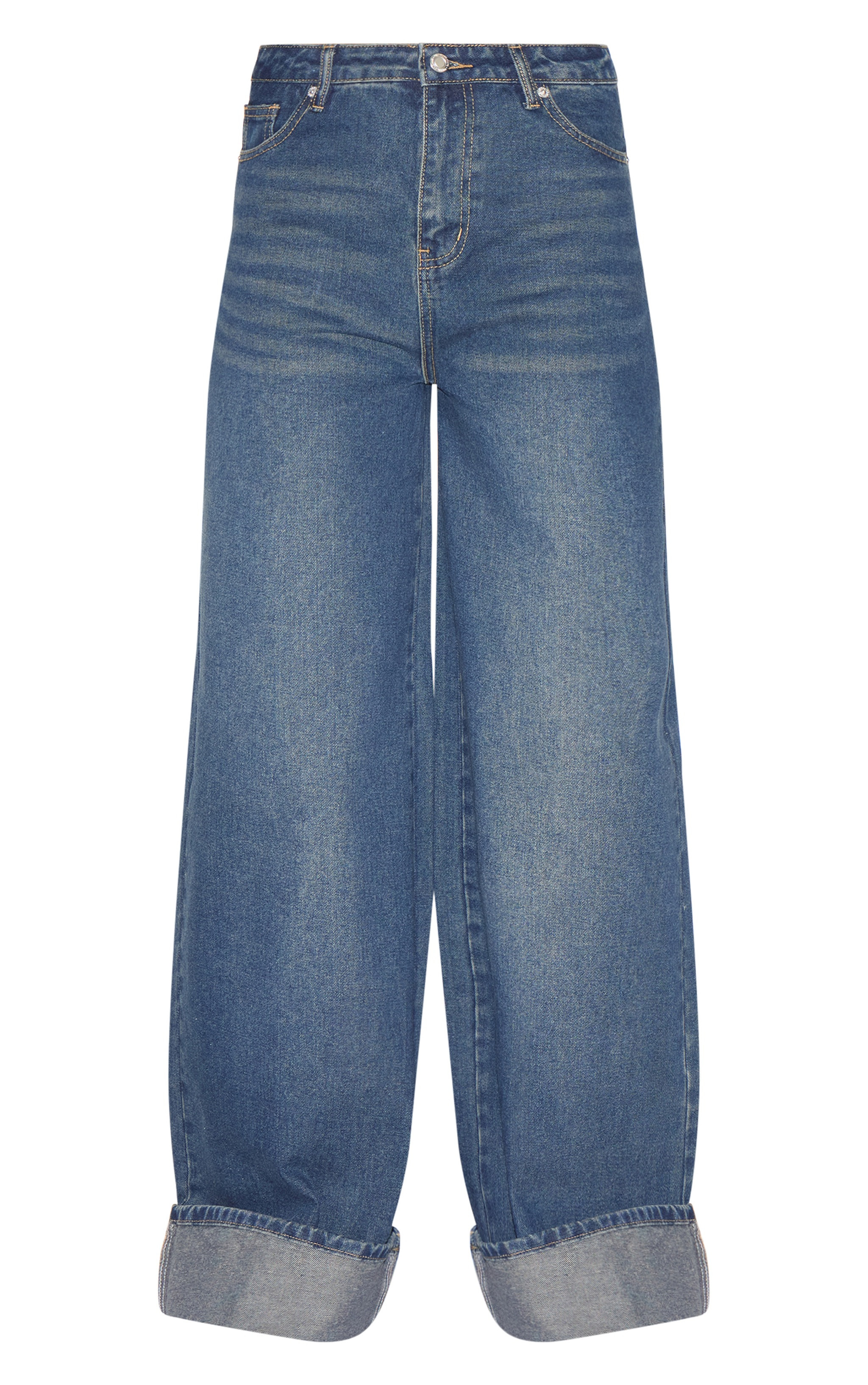 Tall Dark Indigo Mid Rise Turn Up Wide Leg Jeans | PrettyLittleThing US