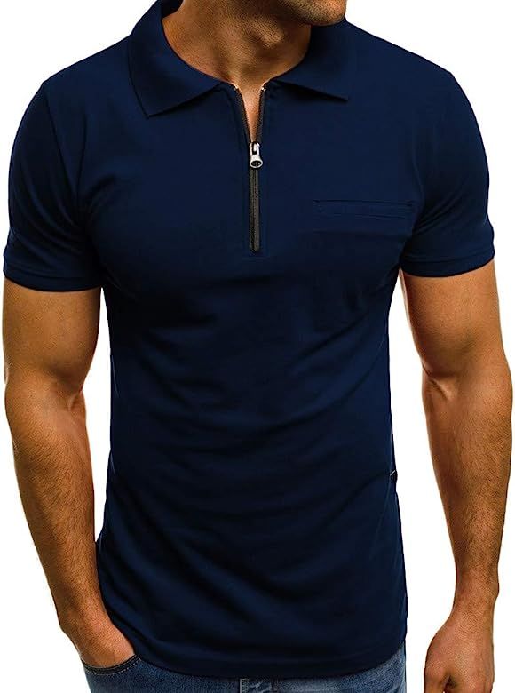 Zipper Polo Fashion Mens T Shirt Muscle Shirts Workout Slim Fit Sports Tee Tops | Amazon (US)