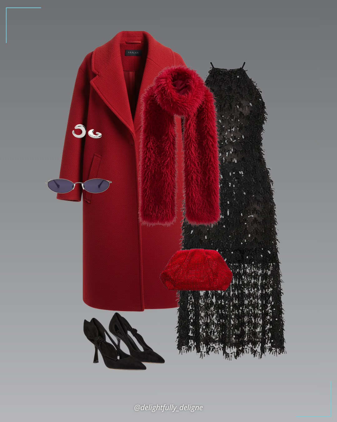 Valentine’s Night Glam ❤️🖤 Fallon black sequin halter midi dress, shaggy faux-fur scarf, crystal frame satchel, large open stud earrings, Bunnie pumps, red oversized Italian virgin wool coat & oval sunglasses. 

 #LTKgrwm #LTKootd #LTKOver40