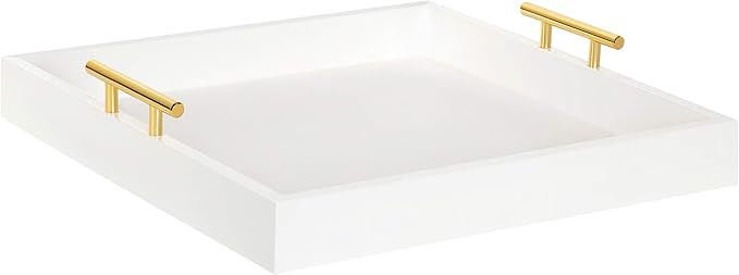 Kate and Laurel Lipton Square Decorative Wood Tray with Metal Handles, 16" x 16", White and Gold,... | Amazon (US)