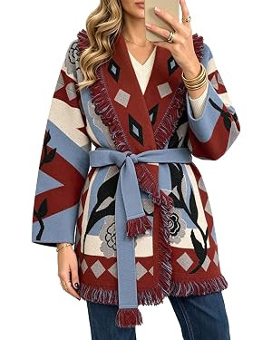 CHARTOU Women Boho Floral Belted Warp Cardigan Fall Winter Open Front Jacket Coat with Fringe Tri... | Amazon (US)