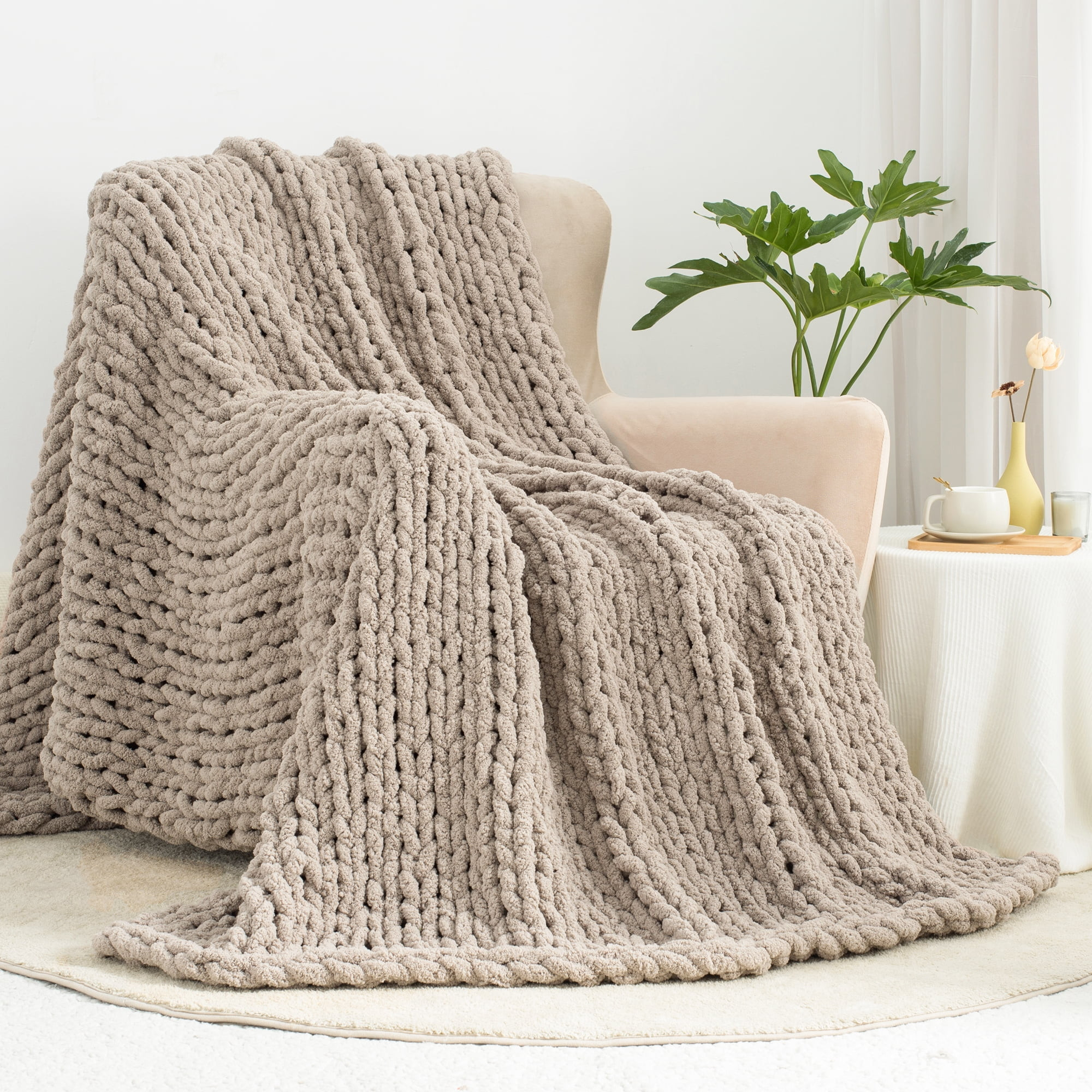Carriediosa Chunky Knit Throw Blanket Handmade Soft Throws for Couch Sofa Bed, 50" x 60" Taupe | Walmart (US)