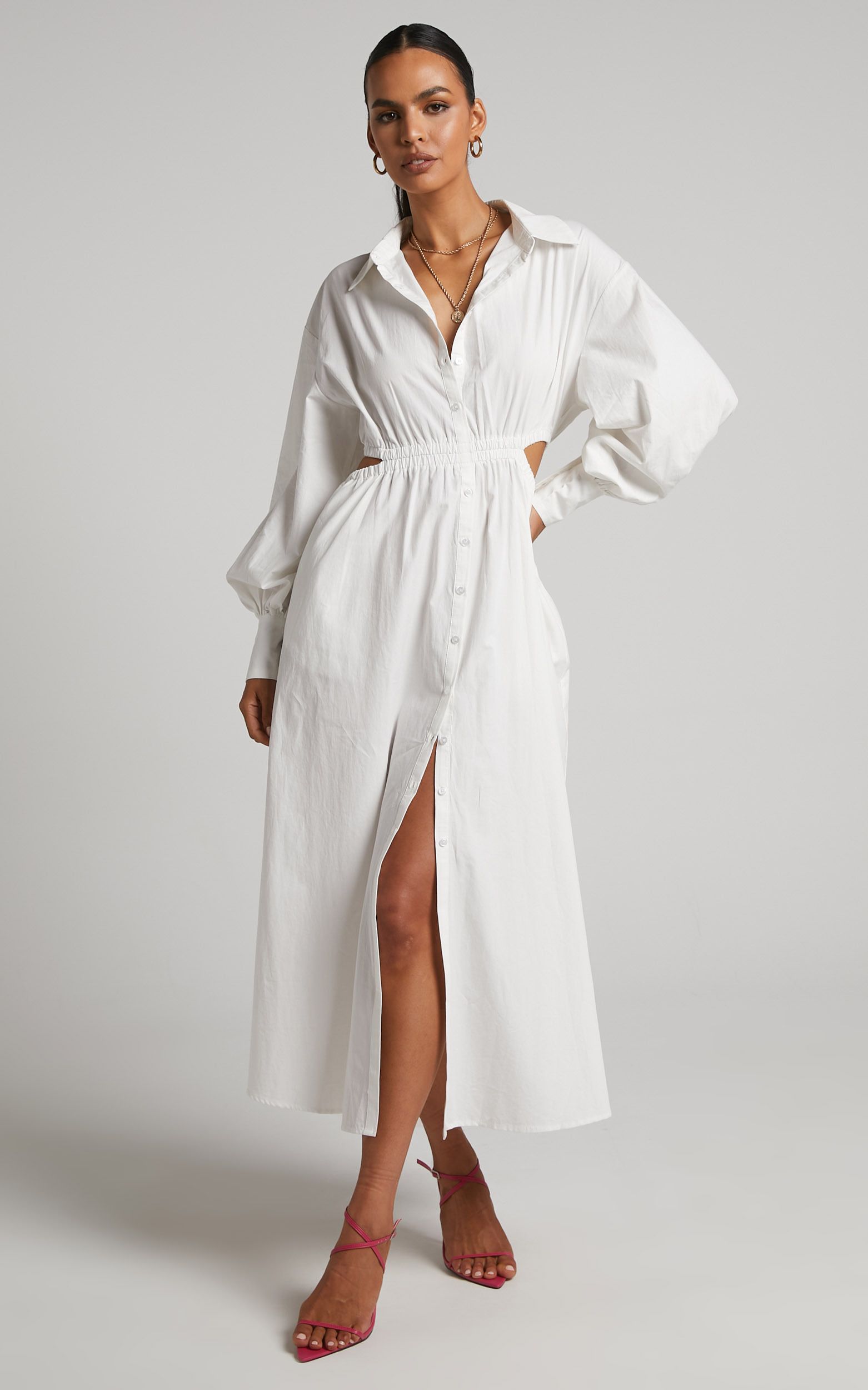 Merabelle Midi Dress - Side Cut Out Collared Long Sleeve Shirt Dress in White | Showpo (US, UK & Europe)