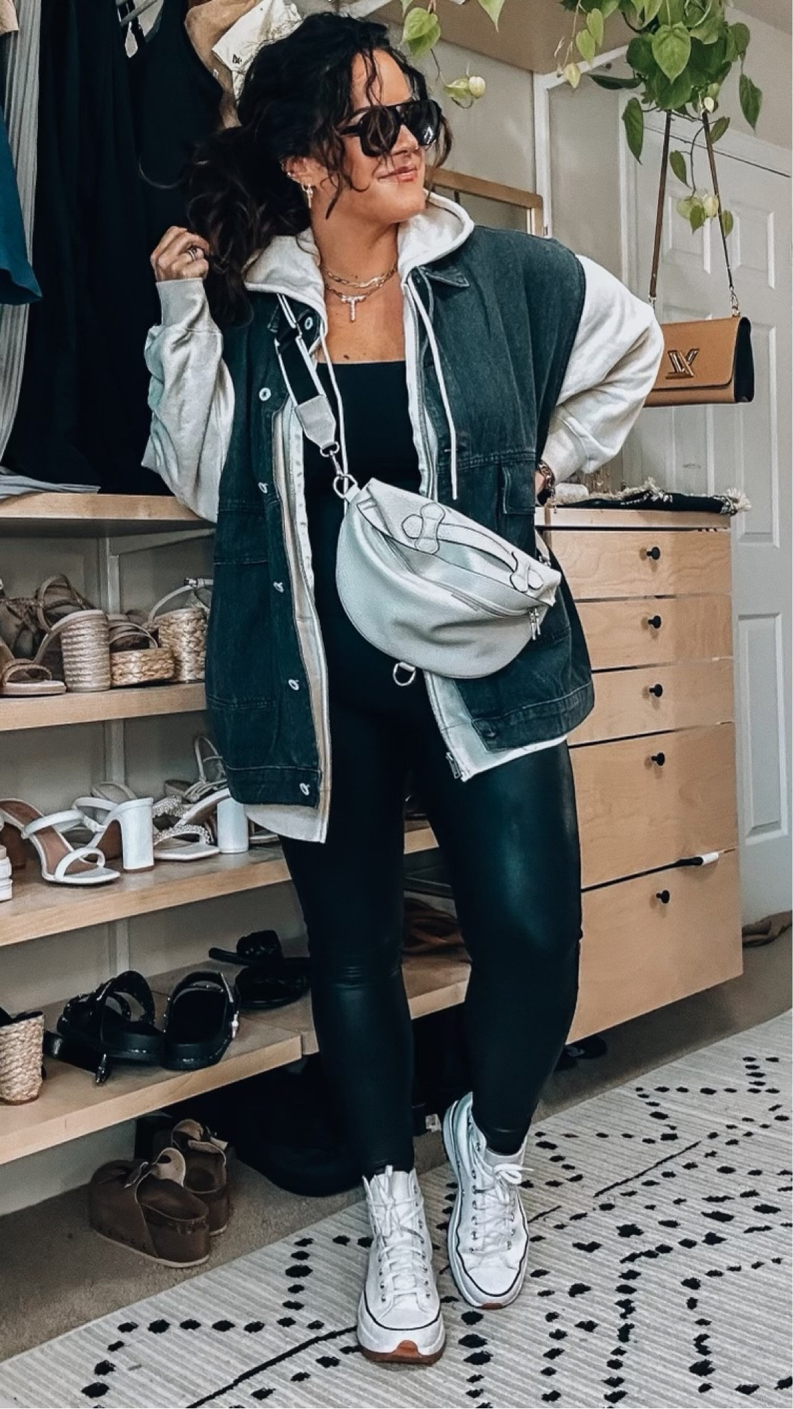 UO Victoria Oversized V-Neck … curated on LTK  Outfits with leggings, Faux  leather leggings outfit, Leather leggings outfit