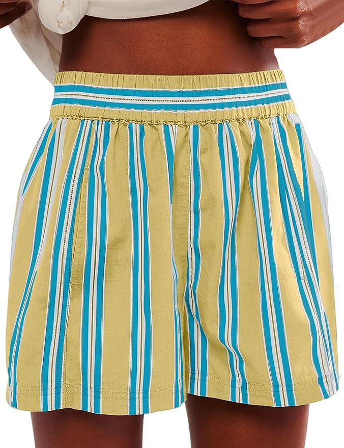 Women Summer Striped Boxer Shorts Elastic High Waist Loose Y2K Casual Lounge Pajama Shorts PJ Bot... | Amazon (US)