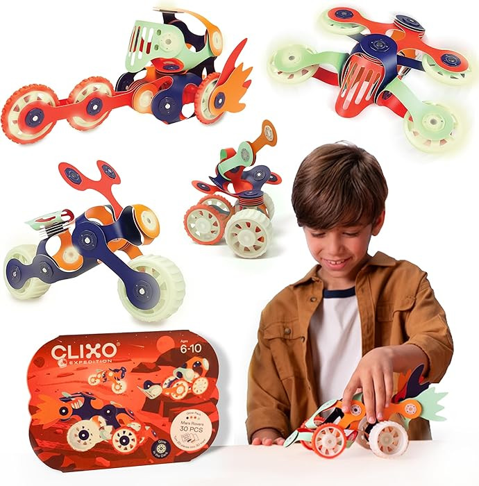 Clixo Mars Rover Pack - Glow-in-The-Dark Wheels Magnetic Building Toy - 30 Flexible Magnet Pieces... | Amazon (US)