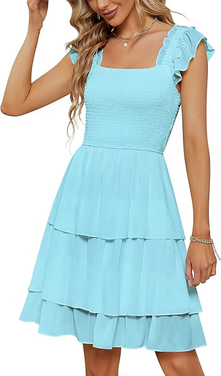 YATHON Smocked Ruffle Short Mini Dress for Women Square Neck Flowy Sleeveless Tiered Party Weddin... | Amazon (US)