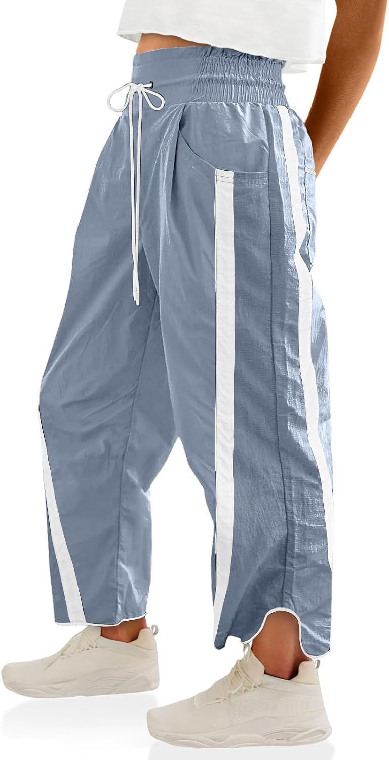 Womens Pants Baggy Wide Leg Casual Workout Elastic Waisted Stripes Track Pockets Y2K Barrel Trendy | Amazon (US)