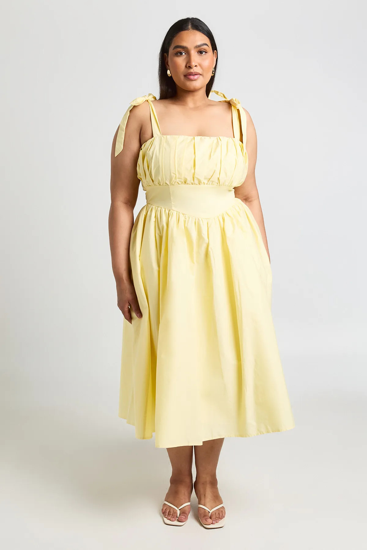 Lemon Plus Cotton Ruched Bust Shoulder Tie Midi Dress | Boohoo USA | boohoo (US & Canada)