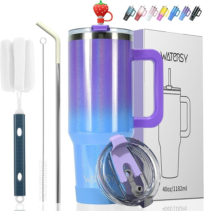 40 oz Shiny Tumbler with Handle and Straw,Stainless Steel Tumbler with Lid and Straw,Insulated Tr... | Amazon (US)