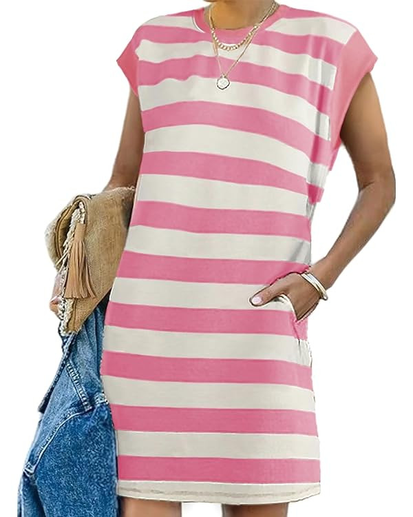 AlvaQ Womens Striped Summer Dresses 2024 Crewneck Cap Sleeve Color Block Casual A Line Tshirt Dre... | Amazon (US)