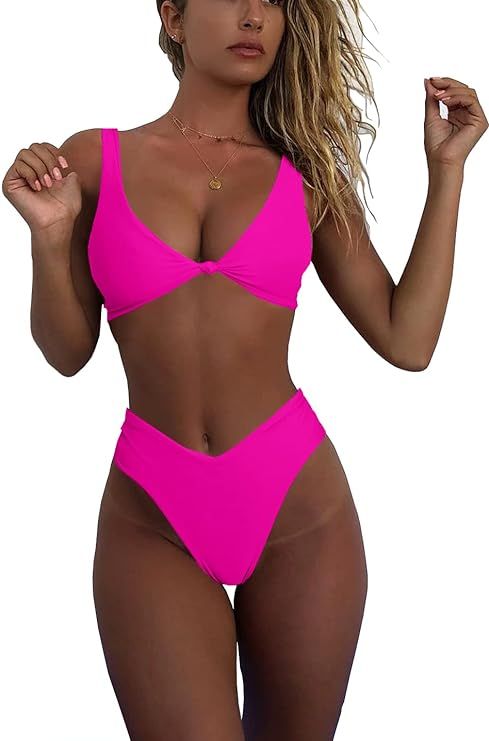 Bikini Set for Women Solid V Neck Knot Front Push Up High Leg Thong Two Piece Swimsuit | Amazon (US)