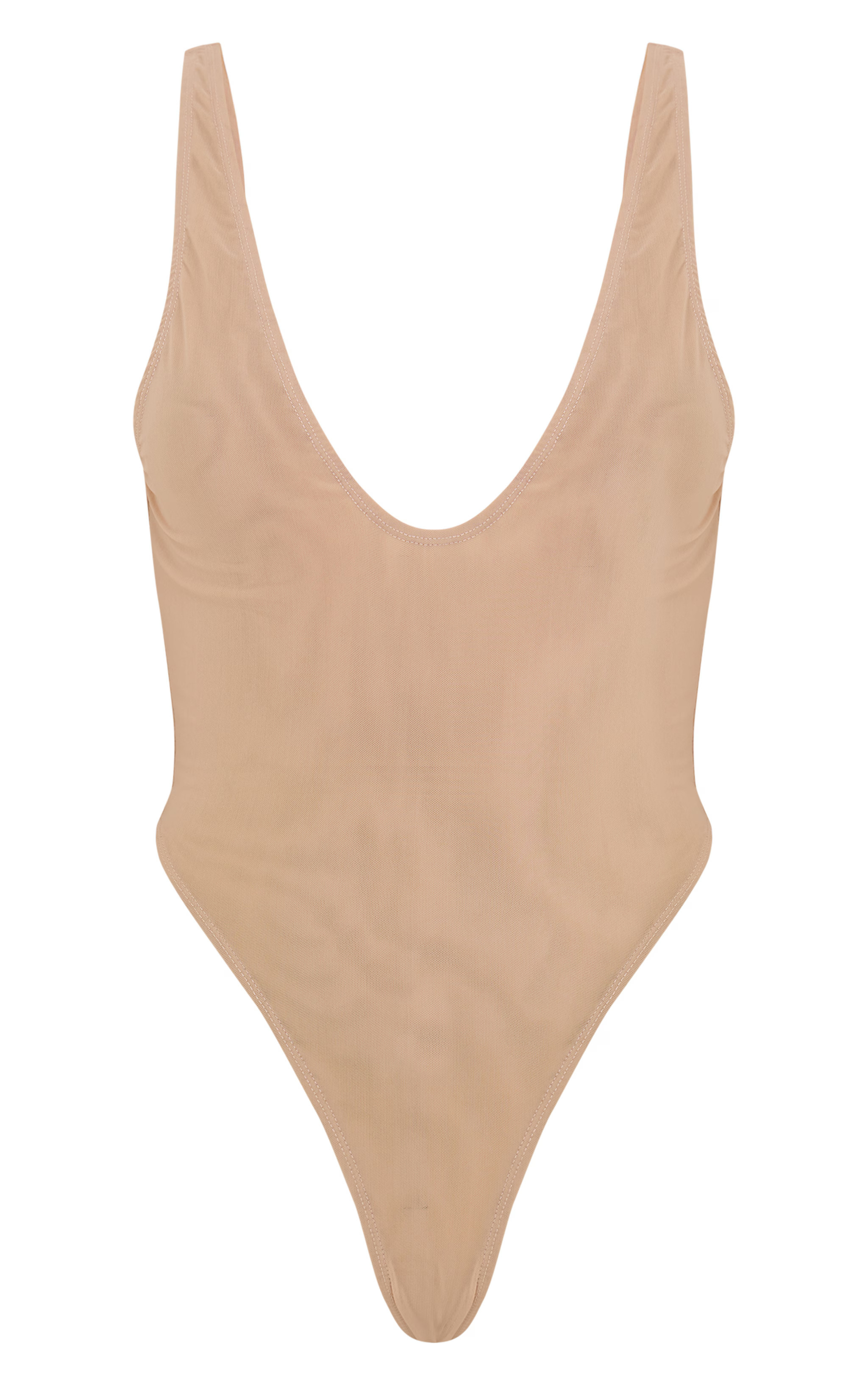 Tan Mesh Plunge Bodysuit | PrettyLittleThing US