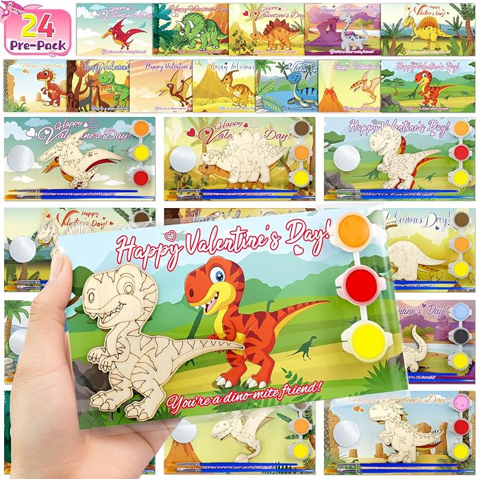24 Pre-Packaged Valentines Cards for Kids Classroom School Exchange, Dinosaur Wood Crafts Paintin... | Amazon (US)