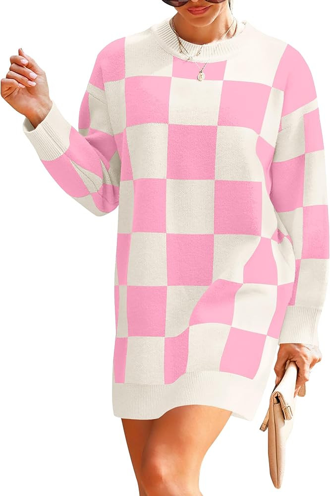 ZESICA Women's Casual Long Sleeve Tunic Sweater Dress Crew Neck Plaid Knit Oversized Pullover Jum... | Amazon (US)