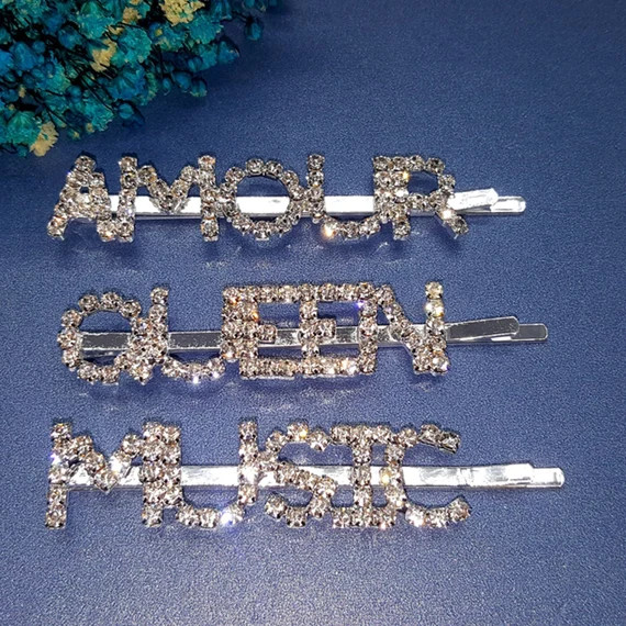 British Style Blingbling Bobby Pin Funny Crystal Word Hair Clip Accessories | Etsy (US)
