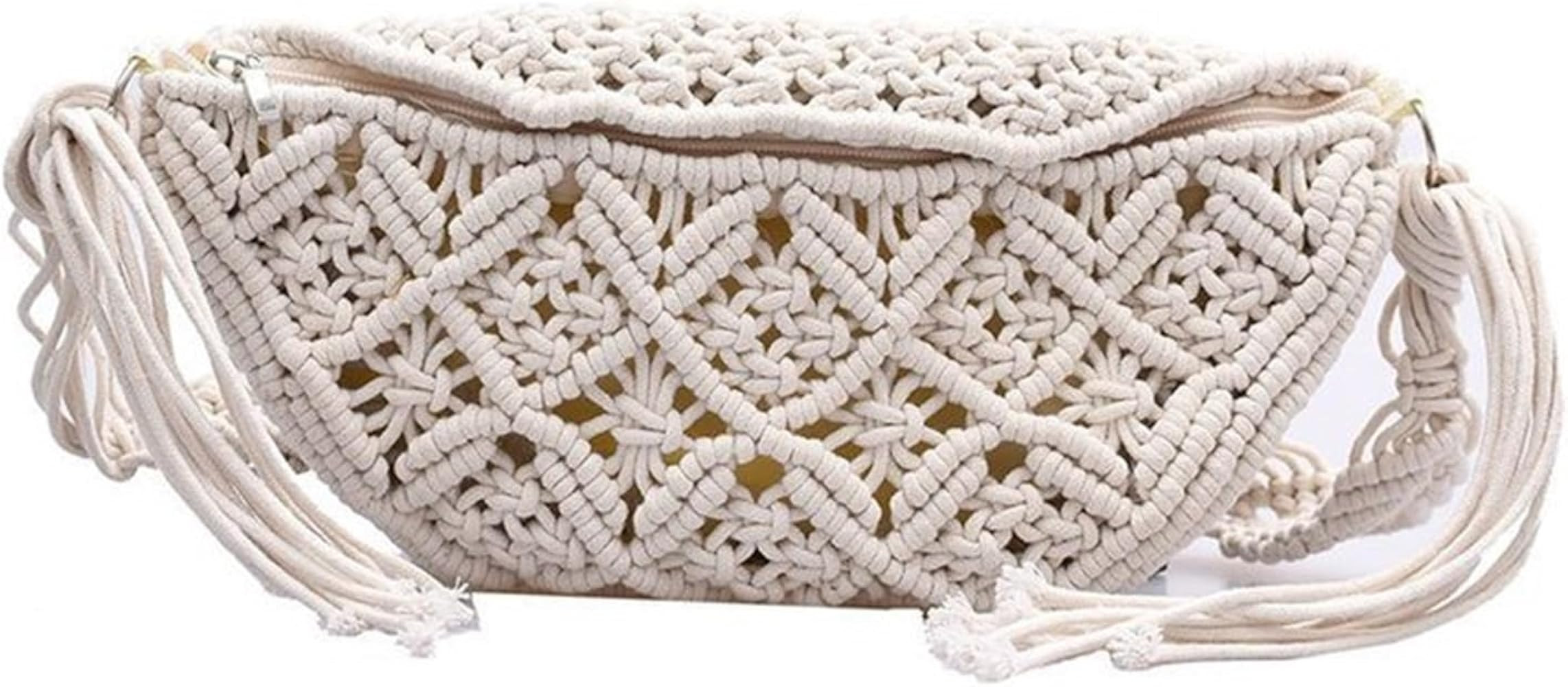 Female Summer Beach Macrame Braid Fanny Pack Fashion Beach Pack Bum Belt Bags (Color : Beige) | Amazon (US)