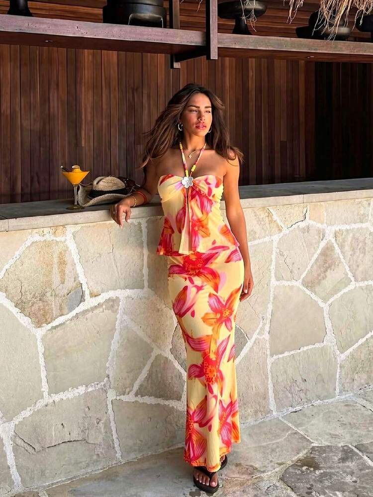 SHEIN Glamour Women's Tropical Floral Graphic Metal Beaded Decor Spaghetti Strap Tie Back Sexy Camisole Bikini Top For Beach Vacation,Carnival Outfit ,Party Dress ,Beach Outfit For Women Beach Dress Bright Floral Dress Yellow And Pink Dress Halter Neck Dress Flower Print Dress Women's Beach Outfits Resort Vacation Outfits Women Women 2 Pieces Set Puerto Rico Vacation Outfits 2 Pieces | SHEIN