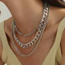 pcsSet Fashion Minimalist MultiLayer Necklace With Silver Color Unisex Exaggerated Street HipHop Thick Chain Necklace | SHEIN