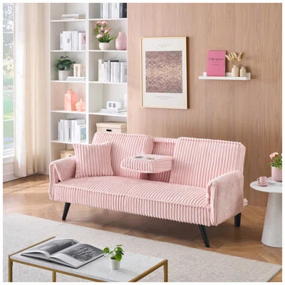 Minimalist Pink Corduroy Sofa with Retractable Cup Holder - Comfortable Modern Living Room & Bedroom Couch, Easy Assemble Small Space Furniture | Wayfair North America