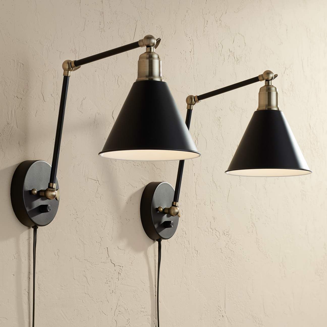 Wray Black and Antique Brass Plug-In Wall Lamp Set of 2 | www.lampsplus.com | LampsPlus.com