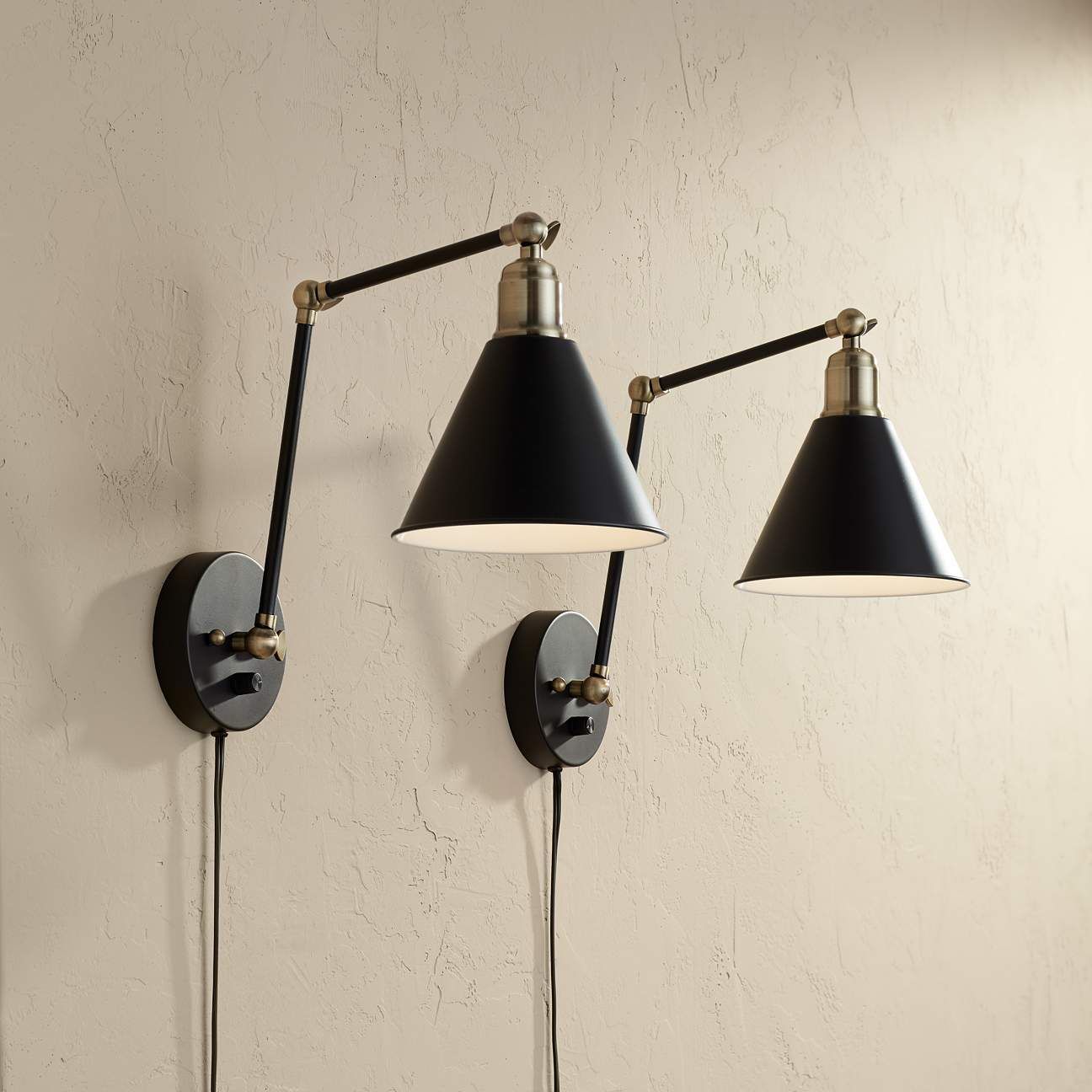 Wray Black and Antique Brass Plug-In Wall Lamp Set of 2 | www.lampsplus.com | LampsPlus.com