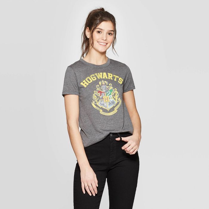 Women's Hogwarts Short Sleeve Graphic T-Shirt - (Juniors') - Charcoal | Target