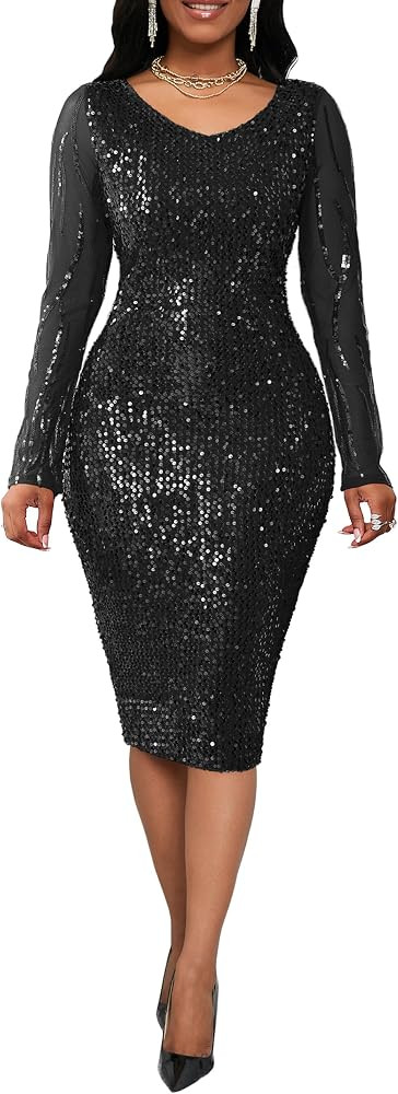 VERWIN Sequins Bodycon Sparkly V-Neck Midi Long Sleeve Prom Party Cocktail Dress | Amazon (US)
