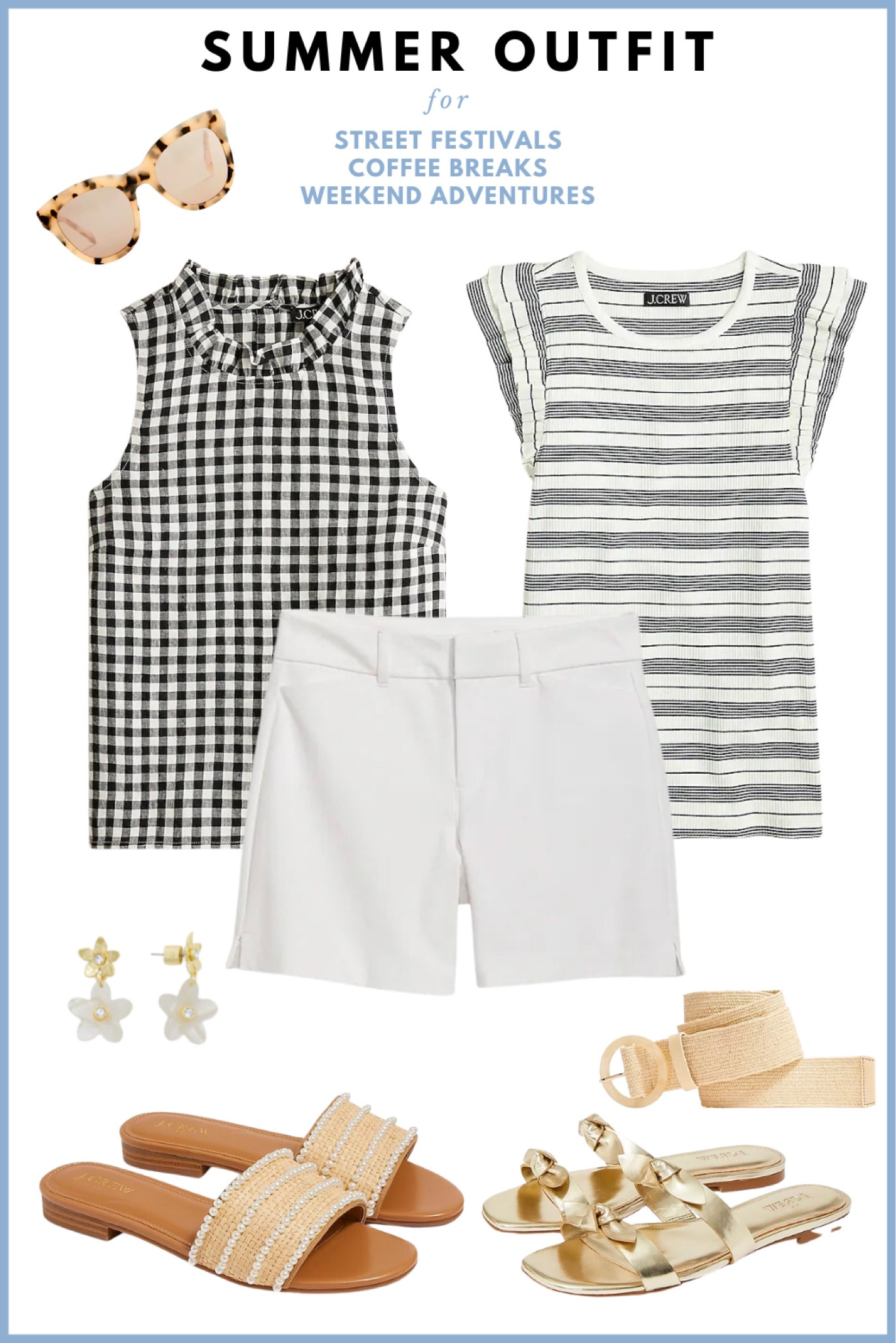 Summer outfit 2023 // black and white outfit, summer shorts, gingham top, ruffle shirt, white shorts, summer earrings, woven belt, neutral slides, gold sandals, tortoiseshell sunglasses 

#LTKSeasonal #LTKstyletip #LTKunder100