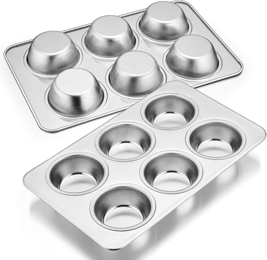 E-far Muffin Pan Set of 2, Stainless Steel Muffin Pan Tin for Baking, 6-Cup Metal Cupcake Pan Tra... | Amazon (US)