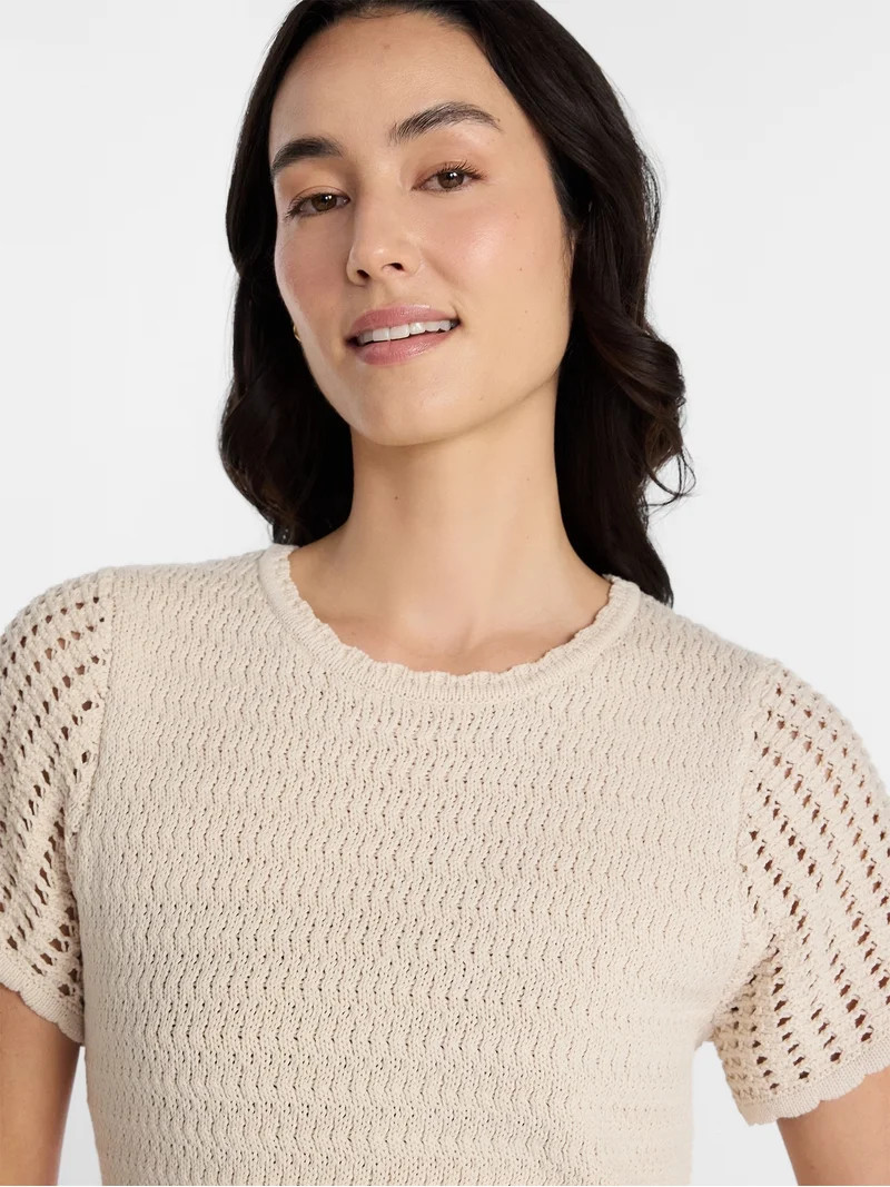 Time and Tru Women's Textured Crewneck Sweater with Short Sleeves, Lightweight, Sizes XS-XXXL | Walmart (US)