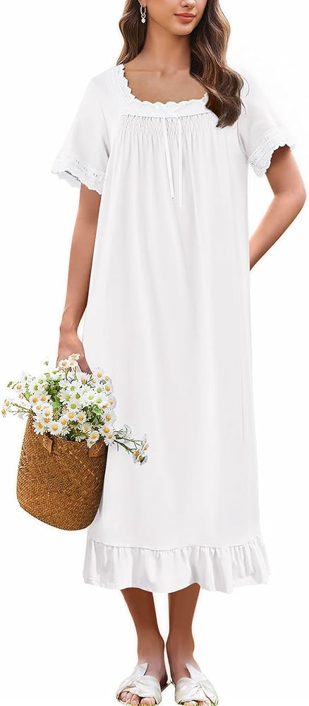 Ekouaer Cotton Nightgowns for Women Vintage Victorian Nightgown Short Sleeve Lace Night Gown Long... | Amazon (US)