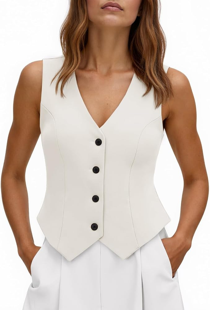 Tankaneo Womens Cropped Blazer Vest Tops Sleeveless V Neck Fitted Waistcoat Button Up Business Ca... | Amazon (US)