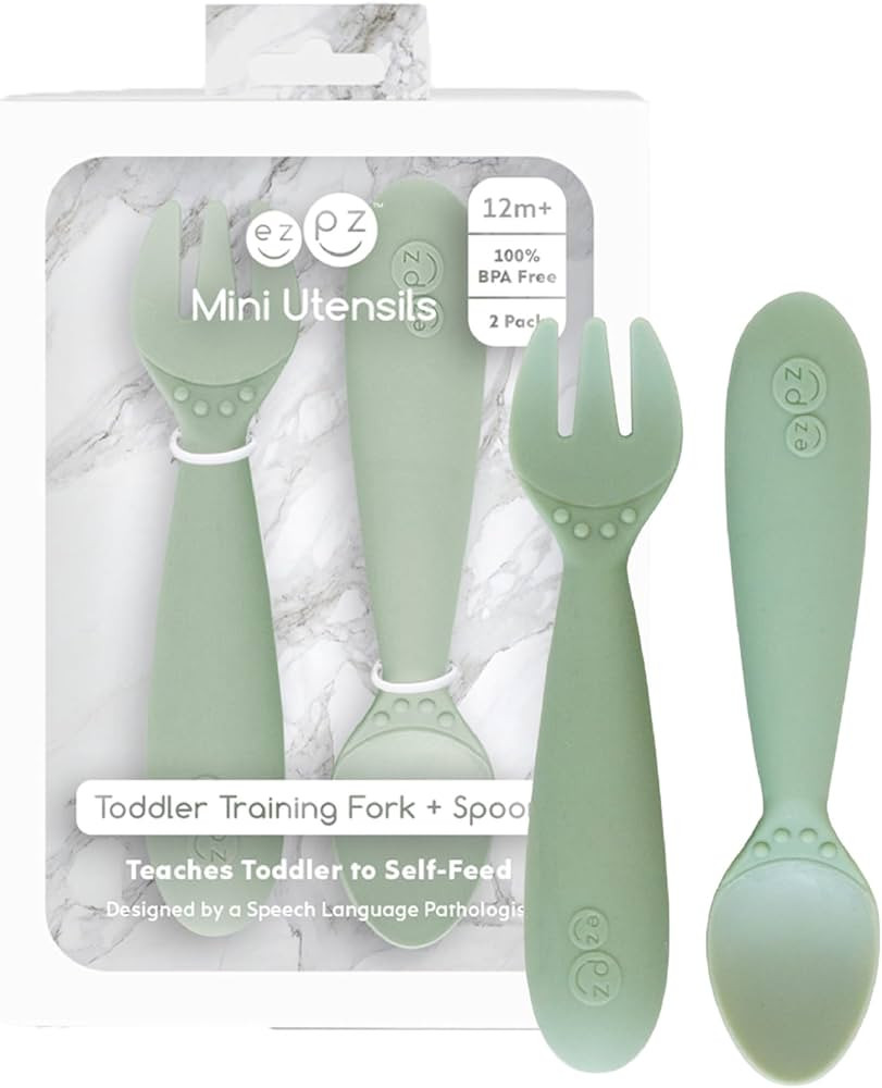 ezpz Mini Utensils - 12 Months+ (Fork & Spoon in Sage) - 100% BPA Free Fork and Spoon - Toddler U... | Amazon (US)