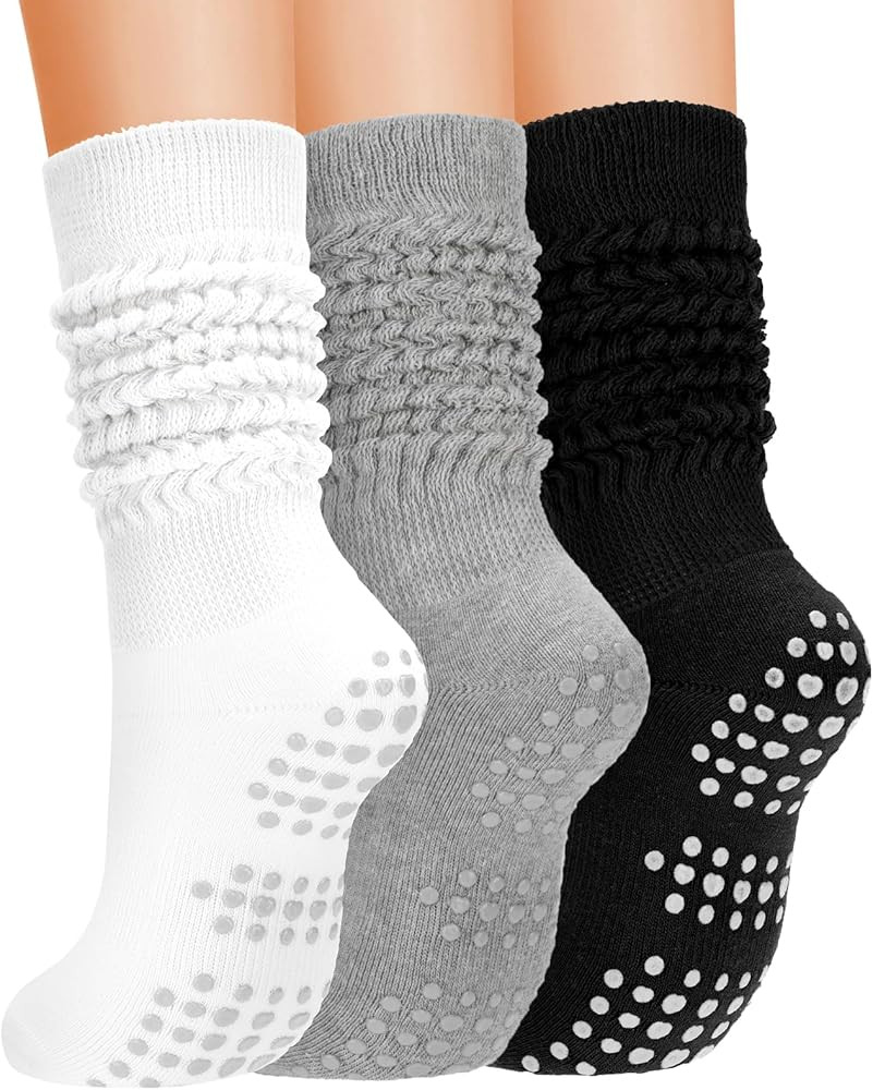 3 Pairs Grip Pilates Socks for Women, Non Slip Yoga Slouch Socks Barre Workout Scrunch Socks | Amazon (US)