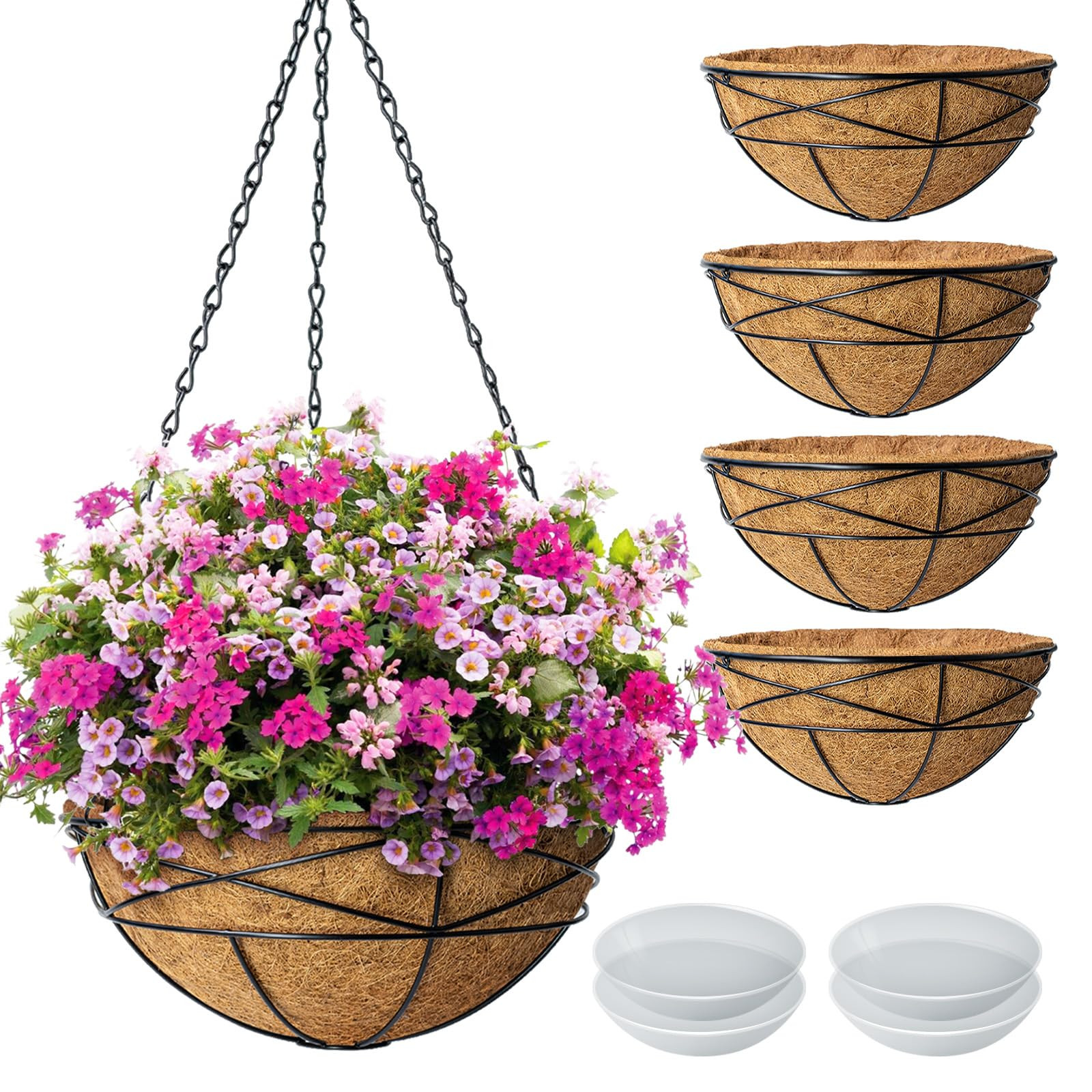 4 Pack 14 Inch Hanging Flower Baskets for Outdoor Plants Large Metal Wire Planters with Coco Line... | Amazon (US)